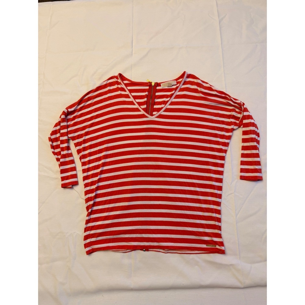 Michael Kors Red White Striped V-Neck Top Full Back Zip Dolman Sleeve Large